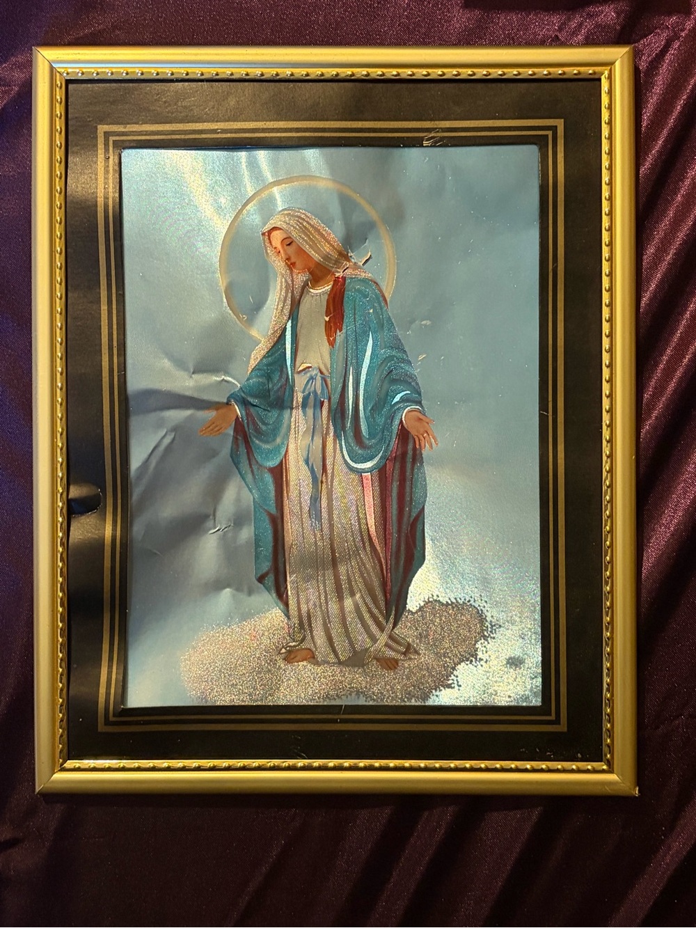 Vintage Late 1800s-Early 1900s Framed Religious Print of Mary in Blue Robe.